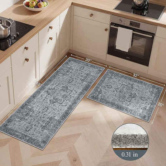 GENIMO Kitchen Rugs Non Slip Washable, 2PCS Kitchen Mats for Floor, Cushioned Standing Mat, Kitchen Runner Rug Floor Mat for Kitchen Decor, Laundry, Sink, Home, 20"x32"+20"x48", Vintage Grey
