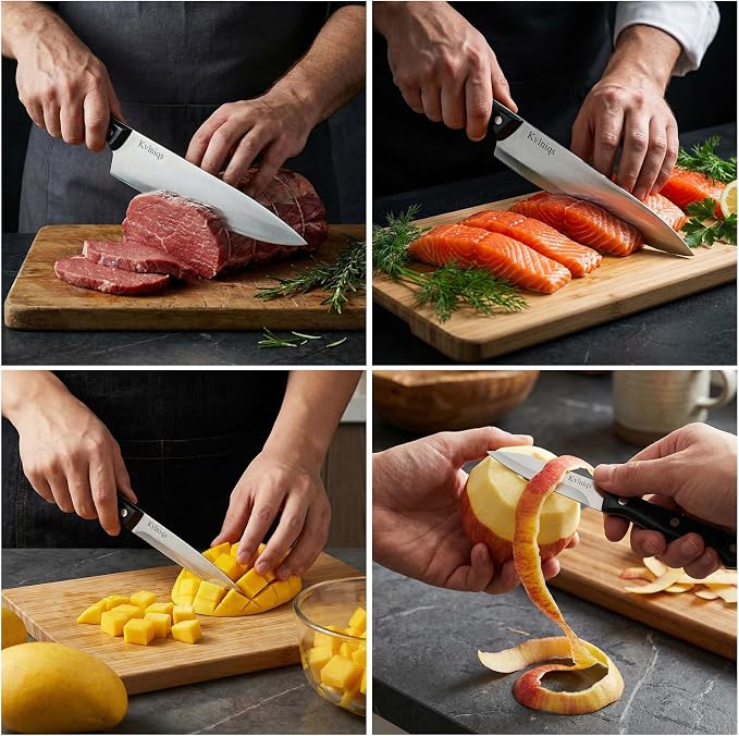 3-Piece Kitchen Knife Set: 8" Chef, 5" Utility, 4.5" Paring Knife. Stainless Steel Blades in Black, Ideal for Cooking, Chopping, Slicing and BBQ.