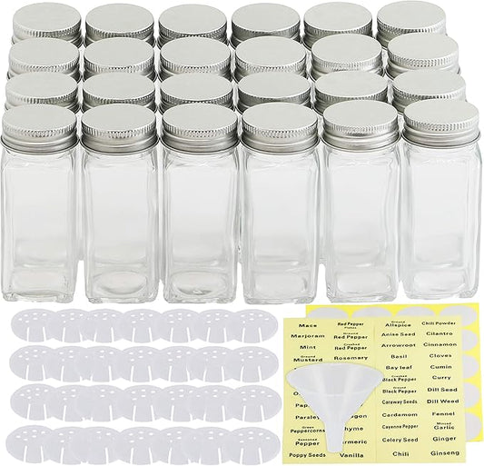Simple Houseware Spice Jars 4 Ounce Square Glass Bottles with Shaker Lids, Funnel and Labels for Seasoning & Storage, 24 Pack