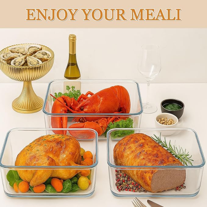 6000ml / 200oz / 26 Cup Large Glass Food Storage Container with Airtight Snap Lids Extra Large Borosilicate Glass Meal Prep Container for Roasting Turkey,Rotisserie Chicken,Baking Casserole,Oven Safe
