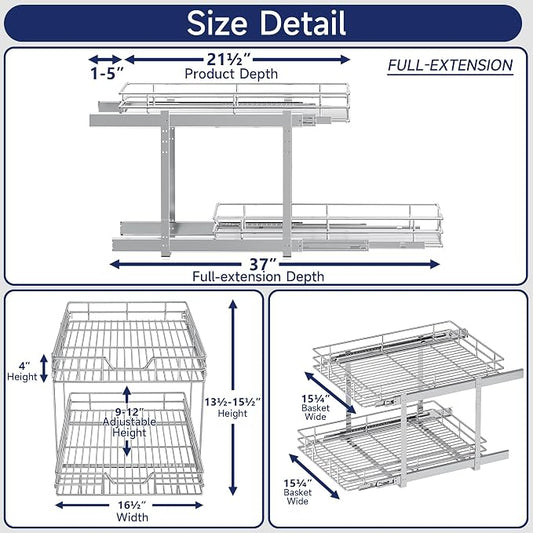 2-Tier Pull Out Cabinet Organizer, 16.5" W x 21.5" D, Heavy Duty Dual Slide Out Shelves for Base Cabinets, Chrome Wire Basket Drawer for Pantry, Kitchen & Bathroom Storage