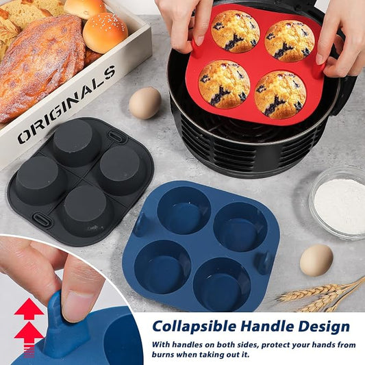 Webake 3PCS Silicone Air Fryer Muffin Pan for Baking 4 Cavity Air Fryer Egg Bites Silicone Mold, Nonstick BPA Free Muffin Tins