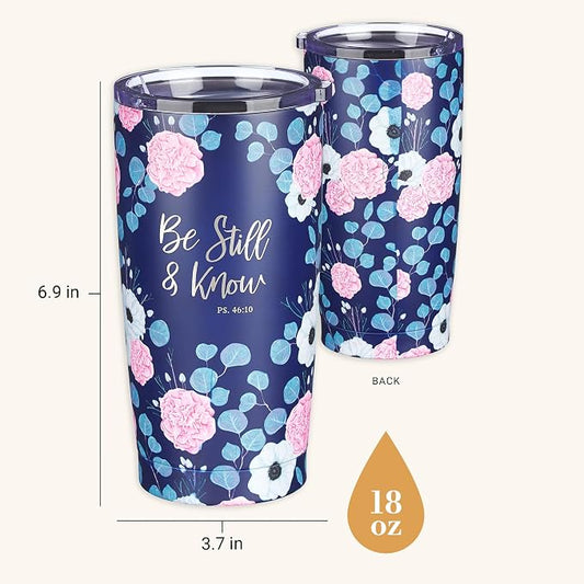 Christian Art Gifts Stainless Steel Double-Wall Vacuum Insulated Travel Mug 18 oz Navy Blue with Pink Floral Tumbler with Lid for Women with Inspirational Bible Verse - Be Still & Know -Psalm 46:10