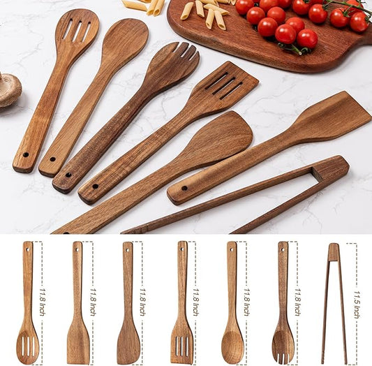 Eisinly Wooden Spoons for Cooking 7-Piece, Kitchen Nonstick Wood Cooking Utensils Set, Durability Wooden Spatula Spoon for Everyday Use, Brown