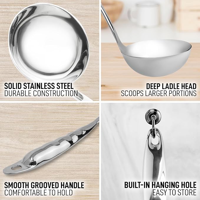 Zulay Kitchen Stainless Steel Soup Ladle - 13” Large Ladle for Soups, Stews & Sauces - Durable, Heat-Resistant, Rust-Proof & Dishwasher Safe Kitchen Utensil with Ergonomic Handle