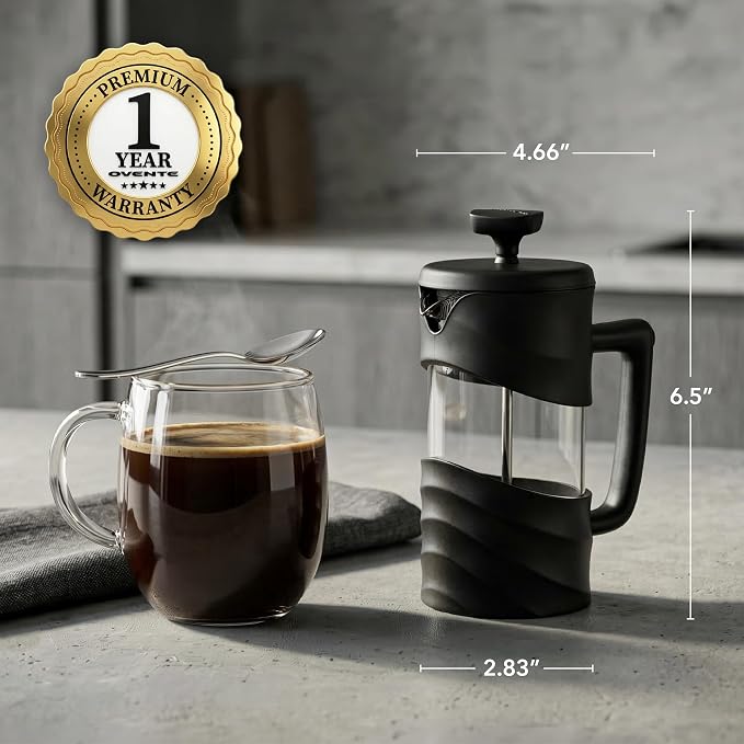 OVENTE French Press Coffee Maker 12 Ounce with Heat Resistant Borosilicate Glass & Stainless Steel 4-Level Filtration System, Portable Cold Brew Coffee Maker for Travel, Camping or Gift, Black FPW12B