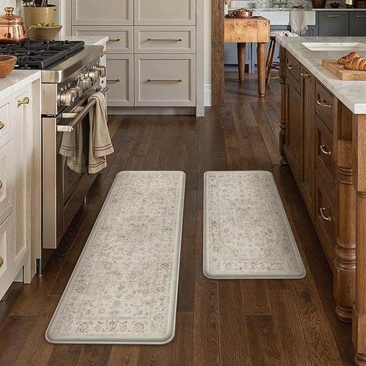 Thick Anti Fatigue Kitchen Mats 2PCS Beige Neutral Cushioned Vintage Floor Mat Non-Slip Waterproof Comfort Standing Rug for Sink Laundry Office 17.3"×47"+17.3"×30" (0.47inch)