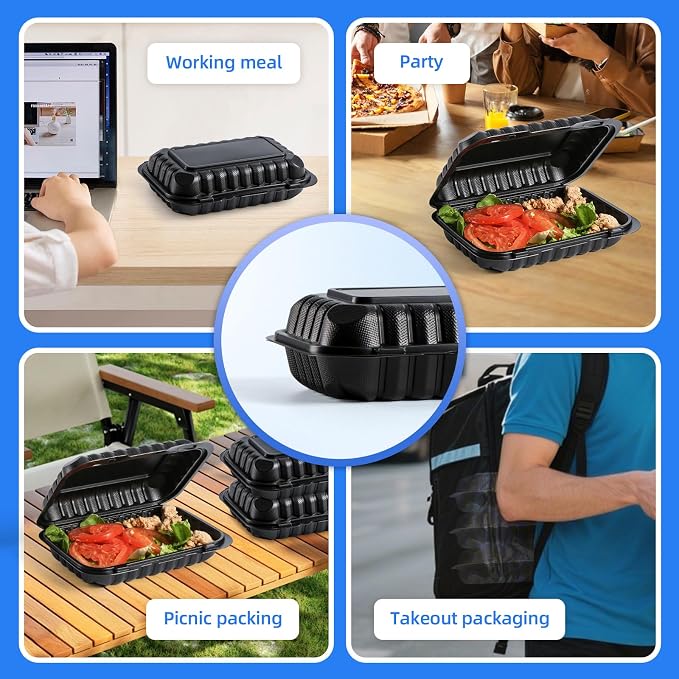 YANGRUI 50-Pack 28oz 9x6 Takeout Containers - Shrink Wrapped No Pre-Wash | Heavy Duty Mineral PP, Microwave & Freezer Safe | Reusable Clamshell for Meal Prep, Work Lunch, Leftovers, Picnic & Party