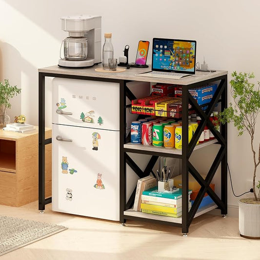 METYERRY Kitchen Bakers Rack with Power Outlet,Mini Fridge Cabinet with Mesh Basket, Mini Fridge and Microwave Table with Storage for Office,Kitchen,Living Room,Coffee Bar,Patio,Greige
