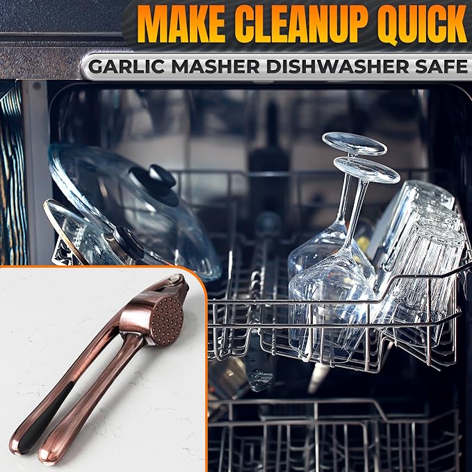 Stainless Steel Garlic Press Set with Silicone Garlic Peeler and Cleaning Brush - Ginger Mincer with 37 Built-In Studs, Rust-Resistant, Ergonomic Handle, No Peel Needed, Dishwasher Safe, Copper Color