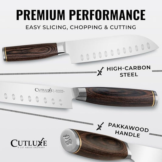Santoku Knife – Ultra Sharp 7 Inch Meat and Vegetable Japanese Knife for Chopping, High Carbon Stainless Steel Blade, Full Tang Pakkawood Handle – Shinobi Series