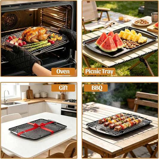 17.3" Large Baking Sheet with Rack & Glove, Carbon Steel Cookie Sheets for Baking, Nonstick Heavy Duty, Dishwasher Safe, Easy Clean, Dark Gray