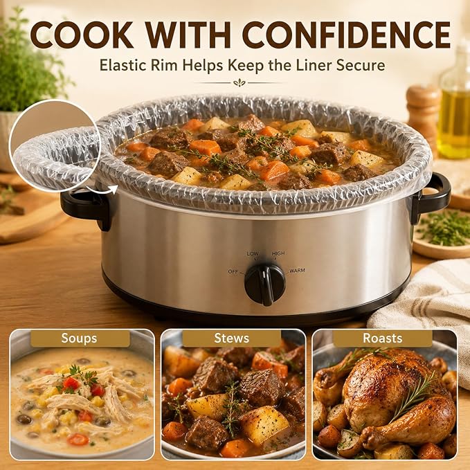 Maxdot 50 Pcs Slow Cooker Liners with Elastic Band Large 13" x 21" Cooking Bags Disposable Pot Liners Fit 3 Qt to 6.5 Qt Large Slow Cooker Cooking Bags Suitable for Oval and Round Pots