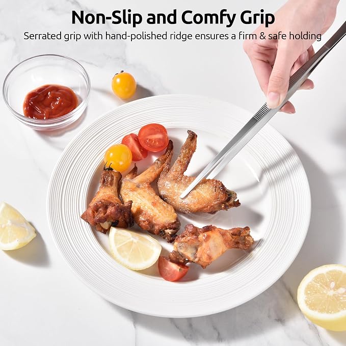 U-Taste 10in Kitchen Cooking Tweezer: 18/8 Stainless Steel Food-Grade Metal Food Tong, Seamless-Welding, Sturdy, Flexible and Non-Slip for Pasta Salad Serving, Grilling, Frying, Baking (Pointed Tip)