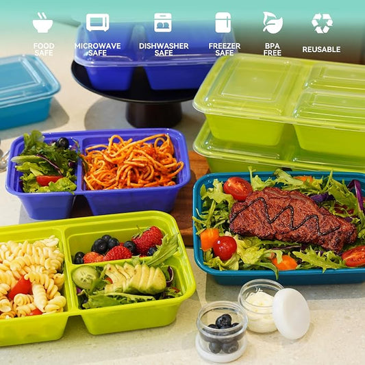 LISI 100-Piece Meal Prep Containers, 33oz Large Food Storage Containers with lids with 1, 2, 3-Compartment, Freezer Safe To-Go/Take-Out Boxes, Includes 5-Pack 2oz Dressing Cups for Take Out
