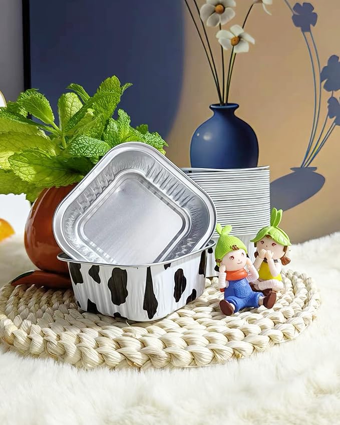 50 Pack 5oz Square Mini Cake Pans with Lids and Spoons,Aluminum Foil Baking Cups,Disposable Mini Loaf Pans Ramekins for Brownie, Cheesecake, Mousse & Wedding Party Favors-Cowprint