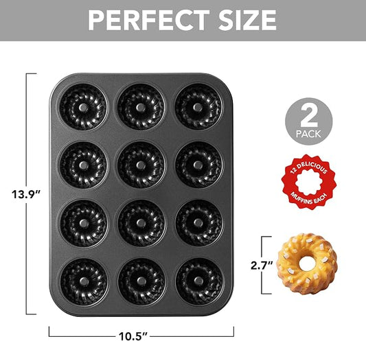 Tiawudi Mini Fluted Tube Cake Pan, 12 Cavity Baking Pan, Non-stick Baking Mold for Cupcakes, Donuts, Cornbread, Brownies, Jellies, Set of 2