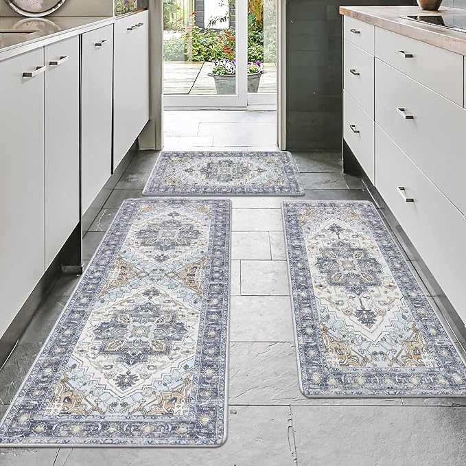 Cushioned Kitchen Rug Sets 3 Piece Anti Fatigue Kitchen Mats for Floor Non Slip Waterproof Kitchen Rugs and Mats Comfort Standing Mat Runner for Home Office,Sink,Laundry
