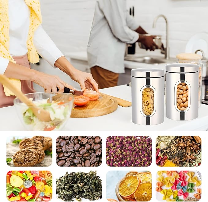 Zopeal 6 Pack Original Canisters Sets for Kitchen 50oz Stainless Steel Kitchen Canisters with Transparent Windows Flour Sugar Container Metal Jar Countertop Set for Coffee Tea Decorative