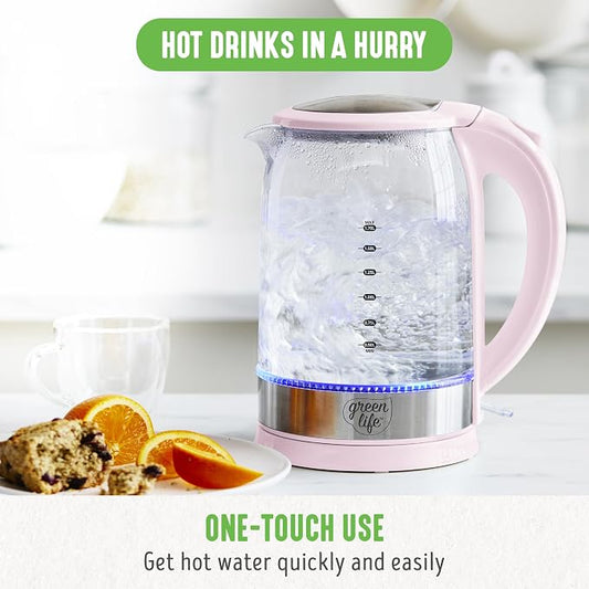 GreenLife 1.7 Liter Glass Electric Kettle, Easy One Touch Use, Quick Heating, Filtered Spout, LED Base, Auto Shut-Off, Cordless Serving, Coffee and Tea, Pink