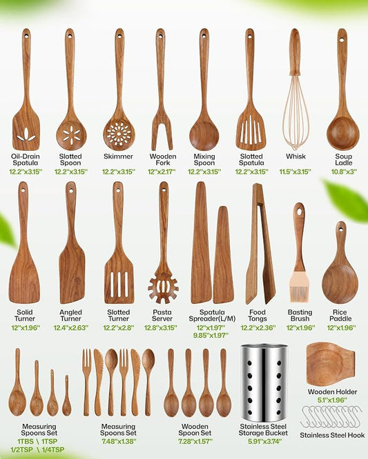 AIUHI Wooden Kitchen Utensil Set, Complete 33-Piece Wooden Cooking Utensil Set with Spoons, Spatulas, Measuring Tools & Storage, Non-Stick Safe Wooden Utensils for Kitchen