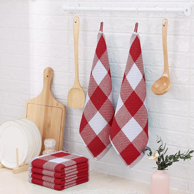 Homaxy 100% Cotton Waffle Weave Check Plaid Dish Cloths, 12 x 12 Inches, Super Soft and Absorbent Dish Towels Quick Drying Dish Rags, 6-Pack, White & Red