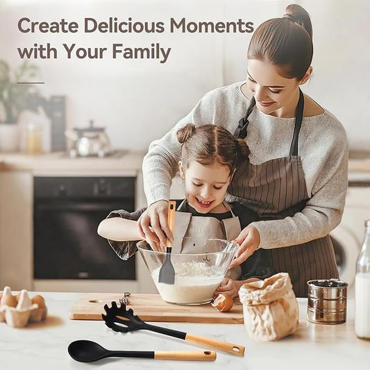 NCUE Kitchen Utensils Set, Large Non-stick Silicone Cooking Utensils Set 6 Pcs, Wooden Handle Heat Resistance Silicone Spatula Soup Ladle Pasta Server Kitchen Gadgets Utensils Set BPA Free (Black)