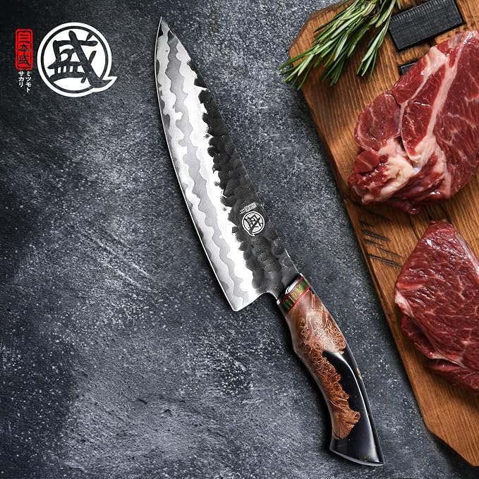 MITSUMOTO SAKARI 8-Inch Japanese Gyuto Chef Knife, 440C Damascus Steel | Precision Pull Cuts, Deep-Cryo Edge Stability, 2.2 mm Thin Blade Control, Maple Burl Handle, Sandalwood Box
