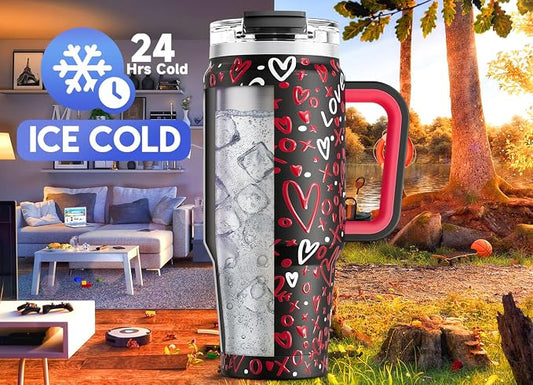 Meoky 32 oz Tumbler with Handle, Insulated Tumbler with Lid and Straw, Stainless Steel Travel Mug, Keeps Cold for 24 Hours, 100% Leak Proof, Fits in Car Cup Holder (Romance)
