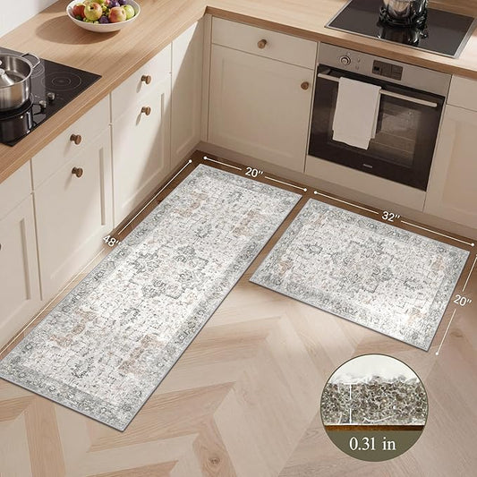 GENIMO Kitchen Rugs Non Slip Washable, 2PCS Kitchen Mats for Floor, Cushioned Standing Mat, Kitchen Runner Rug Floor Mat for Kitchen Decor, Laundry, Sink, Home, 20"x32"+20"x48", Light Taupe Brown
