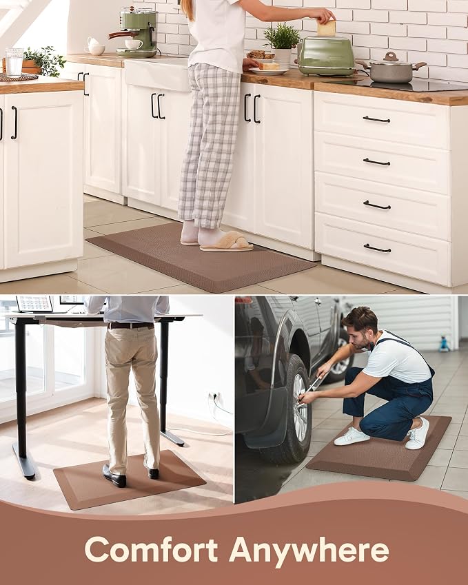 Ophanie Kitchen Mats for Floor, 3/4 inch Thick, 17x24 Anti Fatigue Cushioned Mat, Kitchen Rugs, Waterproof, Comfort Ergonomic Standing Mat for Office, Home, Sink, Brown Non-Slip Ridged Bottom