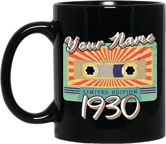 Personalized Vintage Cassette Tape Vintage 1930 Mug, Custom Your Name, 1930 Retro Coffee Mug, 92nd Birthday Present Gifts, 1930 Birthday Gift For Friends Family, Customizable Black Tea Cups
