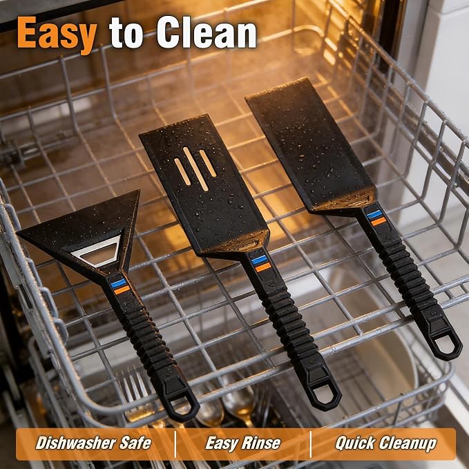 Utheer Griddle Tool Kit 5-Piece, Nonstick Safe Nylon Griddle Accessories with Stainless Steel Core, Nonstick Safe Flat Top Grill Tools Set with Spatulas, Scraper, Cleaning Brush with Replaceable Head