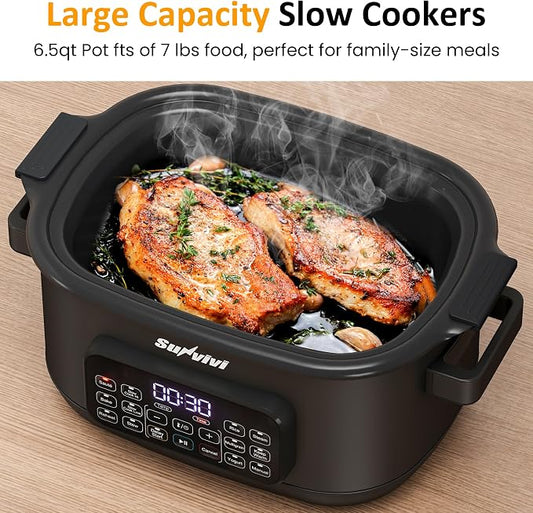 Sunvivi 12-in-1 Multi Cooker, 6.5QT Programmable Slow Cooker with Timer & Temp Control, Auto Warm Setting, Delay Start, Dishwasher Safe Lid & Removable Nonstick Crock, Stainless Steel Rack, Black