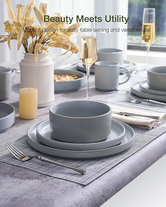 Famiware Star 18-Piece Reactive Glaze Plates and Bowls Sets, Service for 6 - Stoneware Dinnerware with Trim, Modern Rustic Dishes, Chip & Scratch Resistant, Microwave & Dishwasher Safe, Matte Gray