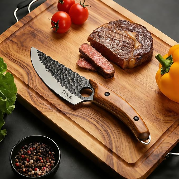 HAMMER IRON ALLEY Japanese Chef Knife, HIA 5.7 inch Sharp Kitchen Knife with Sheath, Hand Forged Butcher Viking Cleaver Knife for Meat Cutting, Home, Camping, BBQ, Black