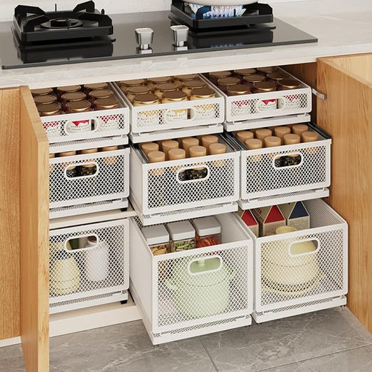 Pull Out Cabinet Organizer, Slide Out Drawers Fixed with Adhesive Nano Film, Pantry Shelves Sliding Drawer Storage Organization for Kitchen (Double Layer 19.7 * 13.8 * 12.6inch/50 * 35 * 32cm)