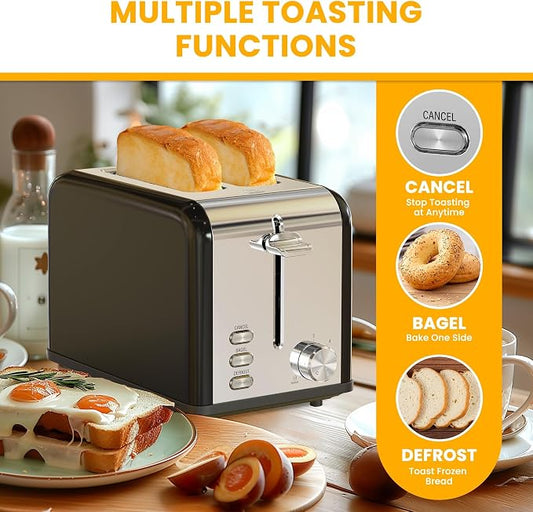Simple Deluxe 2-Slice Toaster, Stainless Steel Toaster, 6 Browning Setting and 3 Function, Extra Wide Slot & Removable Crumb Tray, for Bread & Waffle, Black