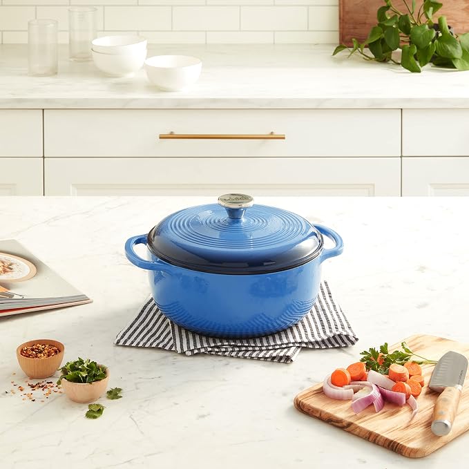 Lodge Essential Enamel Cast Iron Dutch Oven with Lid - 4.5 Quart - Oven-Safe Enamel Cookware up to 500° F - Heat-Retaining Braising & Roasting Pot - Non-Toxic Cookware - Caribbean Blue