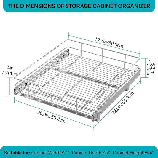 Pull Out Cabinet Organizer 20" W X 22" D, Slide Out Drawers For Kitchen Organizers and Storage, Pull Out Drawers For Cabinets Capacity Heavy Duty Caddy, Cabinet Shelves Chrome-Plated, Bathroom Pantry