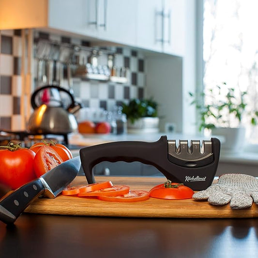 4-in-1 Kitchen Knife Accessories: 3-Stage Knife Sharpener Helps Repair, Restore and Polish Blades and Cut-Resistant Glove