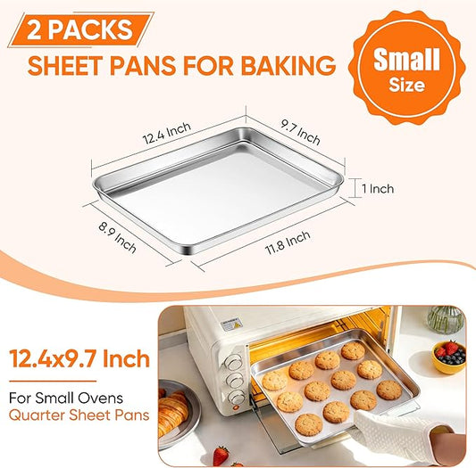 LIANYU Stainless Steel Baking Sheet Pans of 2, 12.4x9.7 Inch Quarter Sheet Pan, Heavy Duty Cookie Sheet for Baking, Bakeware Oven Tray for Food, Non Toxic & Easy Clean, Dishwasher Safe
