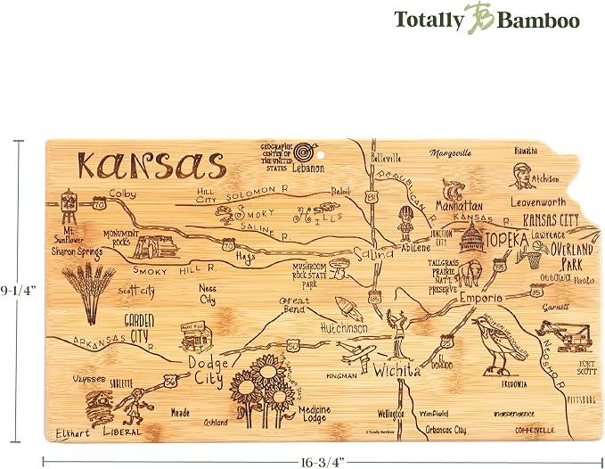 Totally Bamboo Destination Kansas State Shaped Serving and Cutting Board, Includes Hang Tie for Wall Display