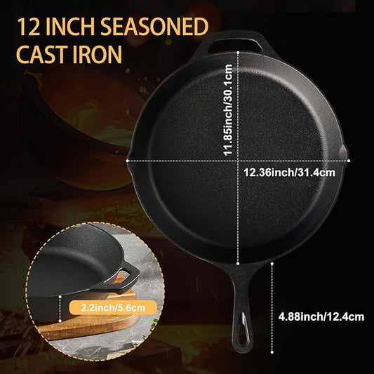 EWFEN Cast Iron Skillet 12 Inch, Pre-Seasoned Frying Pan, Heavy-Duty Professional Restaurant Chef Quality Cookware with Drip Spout, Indoor & Outdoor Use, Compatible with Oven, Stove, Grill & Campfire
