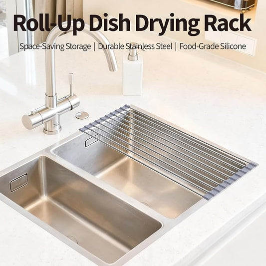 Roll Up Dish Drying Rack for Over Sink -17.5"x11.8" Foldable Stainless Steel Kitchen Drainer,Gray