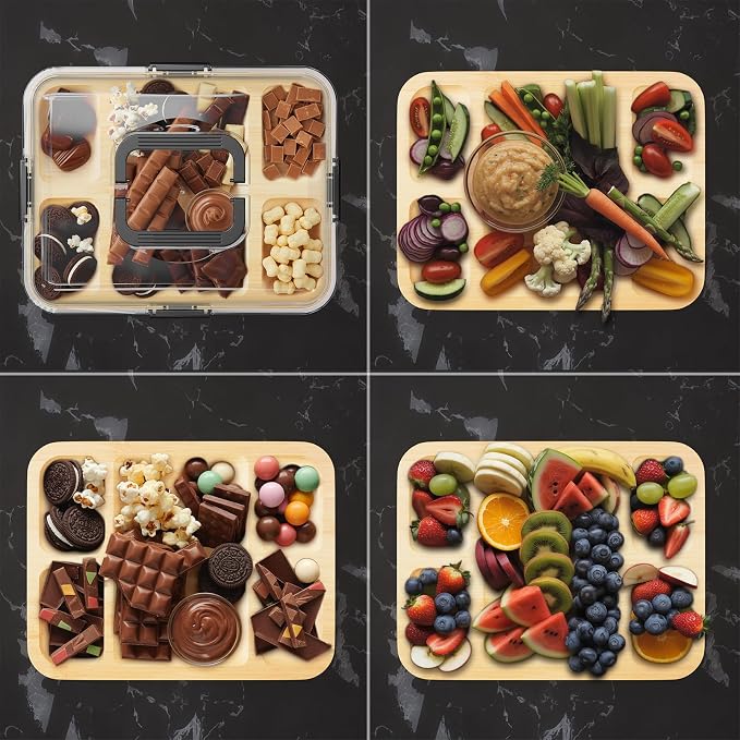 SpaceAid Charcuterie Board with Clear Lid, Portable Travel Cheese Cutting Boards for Picnic Accessories, Bamboo Serving Tray with Lids, House Warming Gifts, Black Handles, 5 Compartments