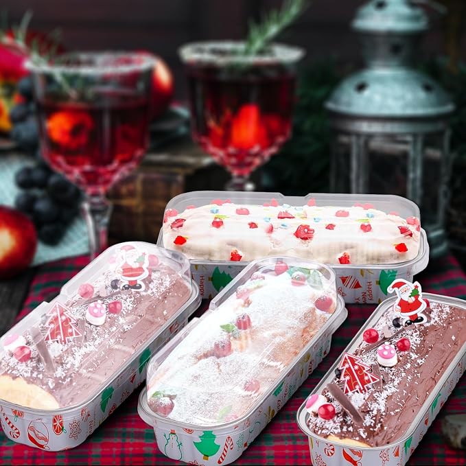 50Pack Christmas Mini Cake Pans Disposable Mini Loaf Pans with Lids and Spoons, 6.8Oz Aluminum Foil Pans Tins, Individual Dessert Cups Containers for Sales,Party,Picnics