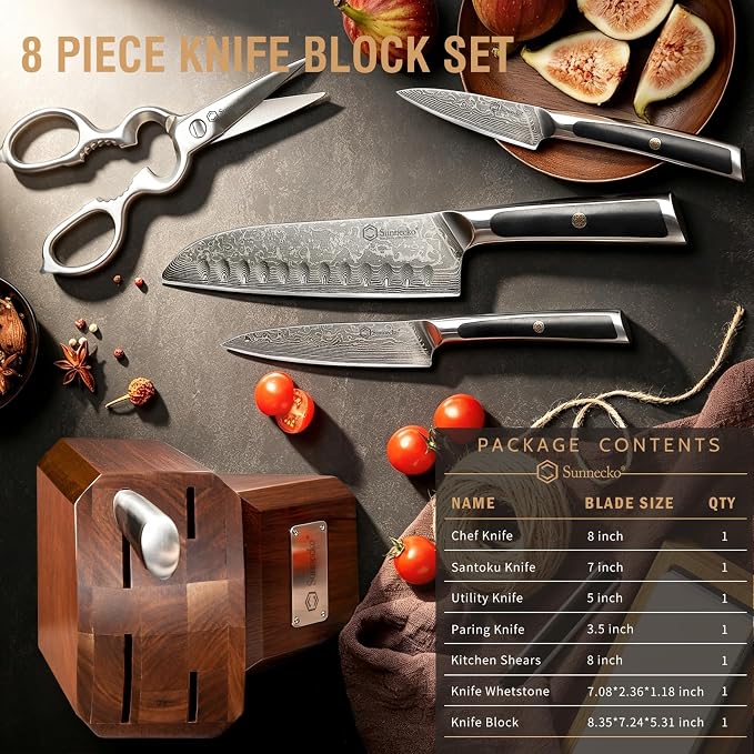 Sunnecko Damascus Knife Set with Block,67-Layer Damascus Steel Kitchen Knife Set with VG-10 Core,Full Tang 7 PCS Japanese Chef Knives with 15° Precision Edge,Professional Chef Knife Set for Kitchen