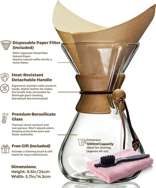 AGOGO Pour Over Coffee Maker Glass with 50pcs Paper Filters -for Home, Office, Camping, Cafes - Easy Clean Coffee Dripper Set (Soft Towel&Brush)(40oz Classic w/Paper Filters)