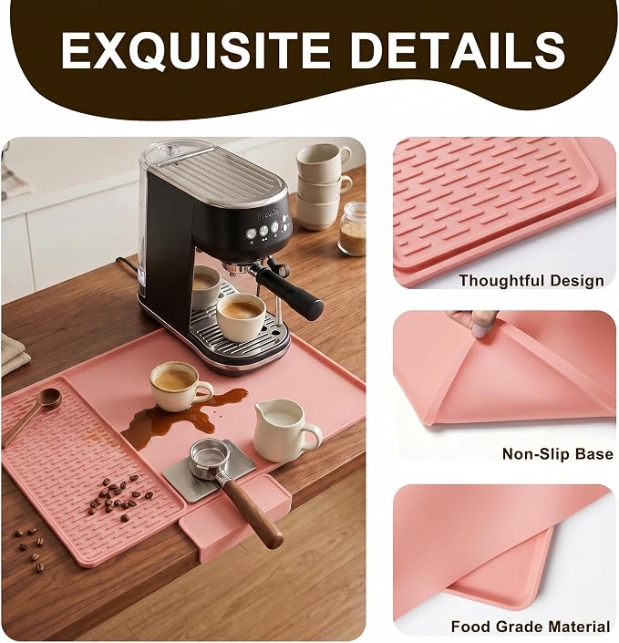 CAKETIME 2 In 1 Silicone Coffee Bar Mat Accessories for espresso Machine with Detachable Dish Drying Mat Easy to Clean Kitchen Cafetera Barista Tools Pink Home Decor Cut Girls Gifts